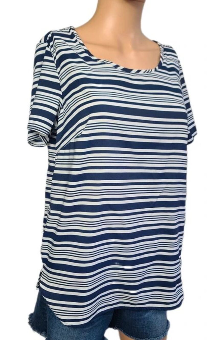 Faded Glory Blue White Striped Short Sleeve Top Small 4/6 Curved Hem blouse